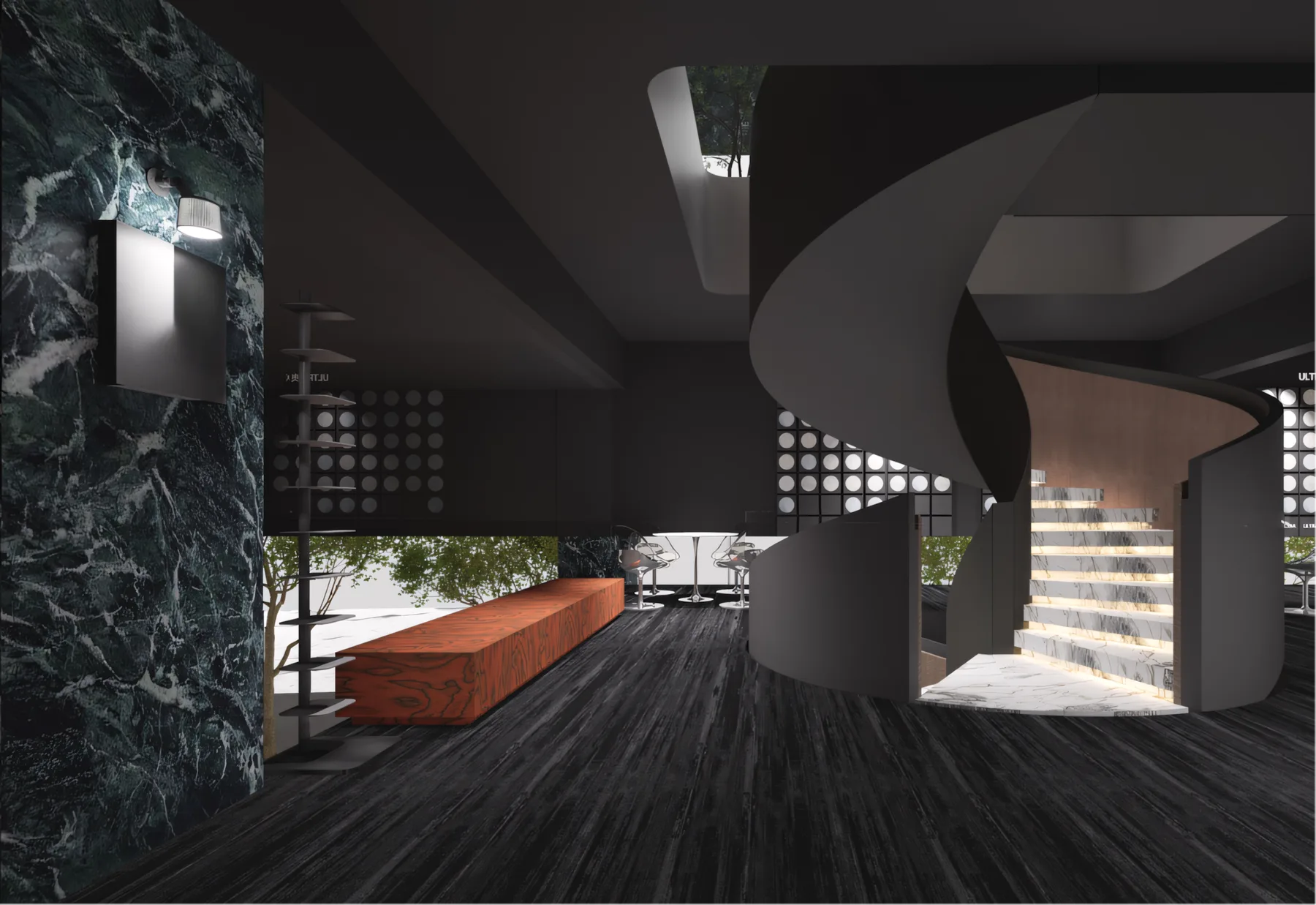 Aozhuosi slab showroom interior with material surfaces and quiet architectural light