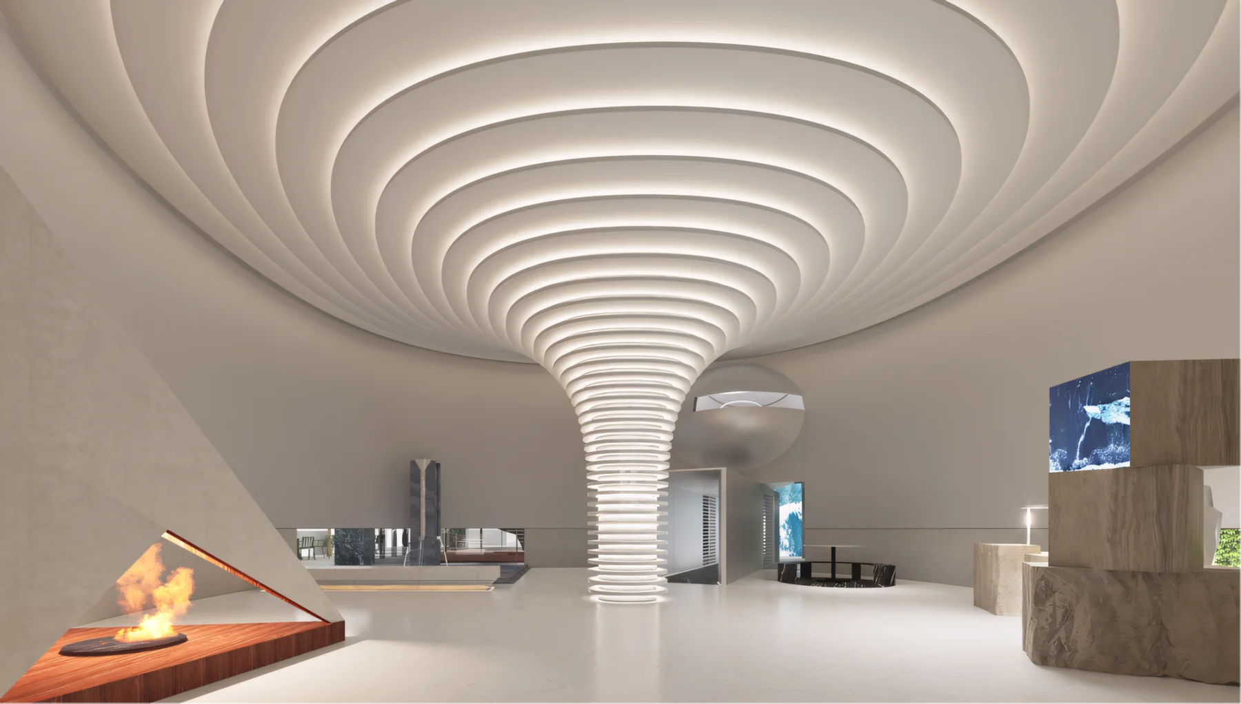 Stone slabs and sculptural material displays inside the Aozhuosi showroom