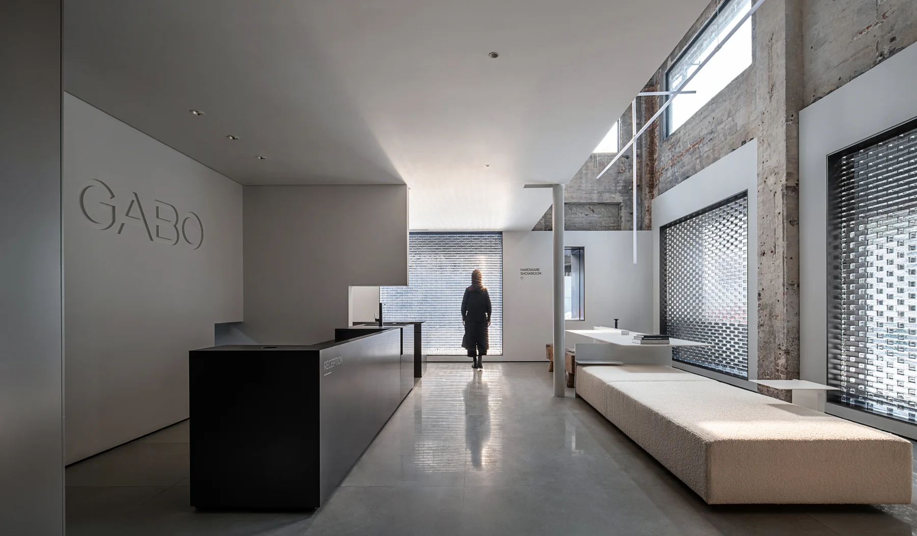 A visitor enters the GABO showroom and headquarters in Foshan